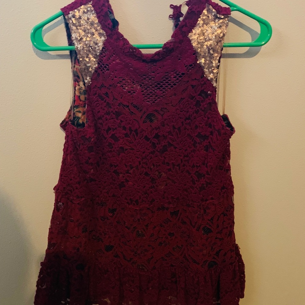 Burgundy lace tank with sequin sleeve